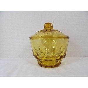 Retro Apothecary Candy Dish Glass Amber Thumbprint 5.5" Tall Hazel Atlas Vtg